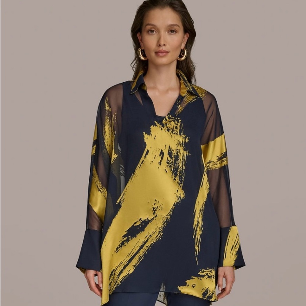 Donna Karen Chic Sheer Navy and Gold Blouse with Tank Top included. New XL - Picture 2 of 3